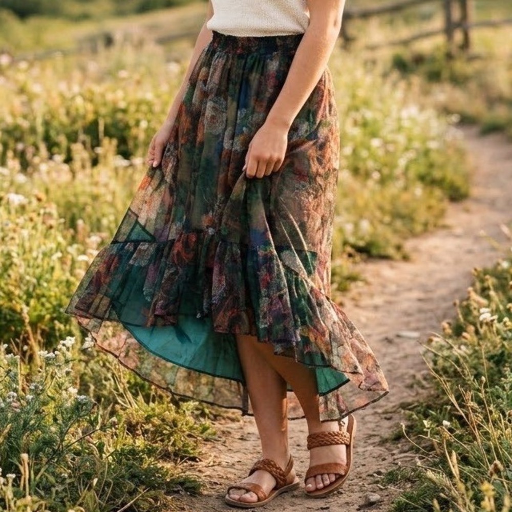 Maeve Anthropologie Complex Layer Floral Mesh High-Low Ruffle BOHO Maxi Skirt M